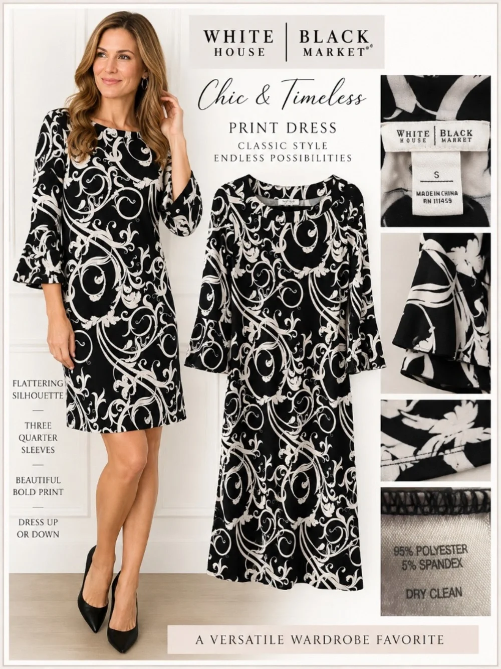 White House Black Market Black & White Scroll Print Dress Size S Bell Sleeves